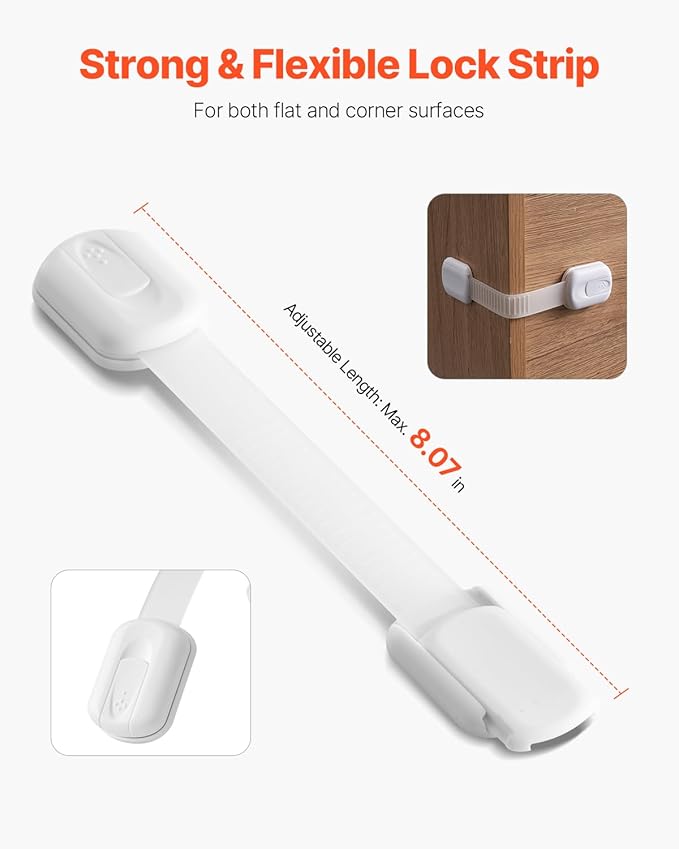 VEVOR Child Safety Strap Locks, 8 Packs Adjustable Baby Proofing Cabinet Locks, 3M Adhesive Cabinet Drawer Door Latches, No Drilling Required, for Fridge Dishwasher Toilet Seat Cupboard Oven Trash Can