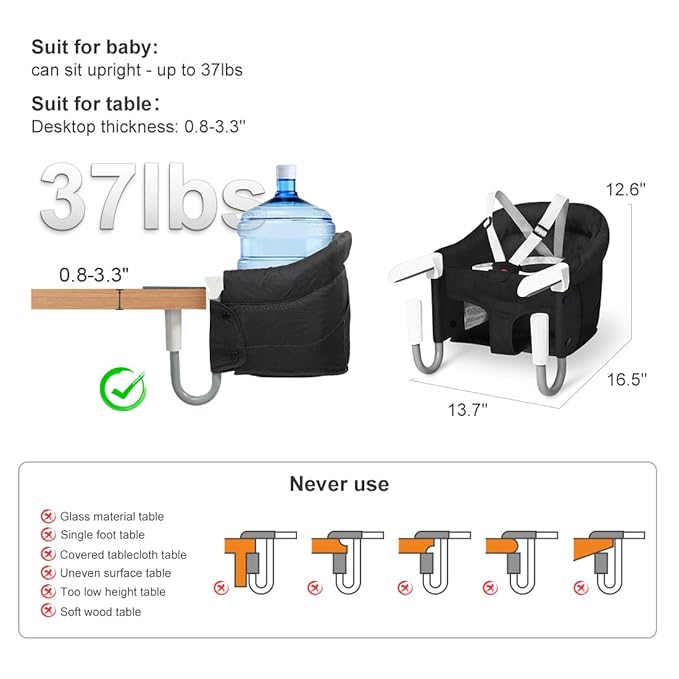 MTWML Portable High Chair for Table,Hook On High Chair that Attaches to Table,Space Saver Clip On Counter Seat for Baby,Easy Clean Baby Feeding Clamp Seat with Carry Bag for Travel(Pure-Black)
