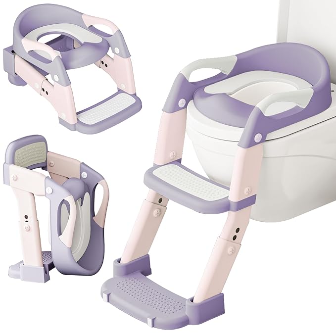 DEEKI 3 in 1 Potty Training Seat with Step Stool Ladder Foldable Anti-slip Toilet Chair Potty Seat for Toddlers Kids Boys Girls(Purple)