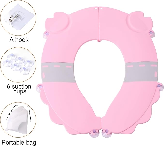 Portable Potty Training Seat，Upgraded Non-Slip-Anti pinch buttocks, One-handed Removal Folding Travel Potty Seat for Toddlers & Kids, 6 suction cups firmly adhere, Fits All Shape Toilets(Pink)