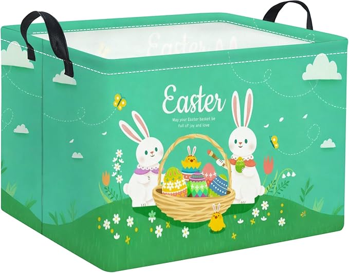TIBAOLOVER Rectangular Easter Basket for Home Kitchen Baby Girls Basket Cute Storage Bin Organizer Shelf Book Room Decor(Green Cute Bunny)