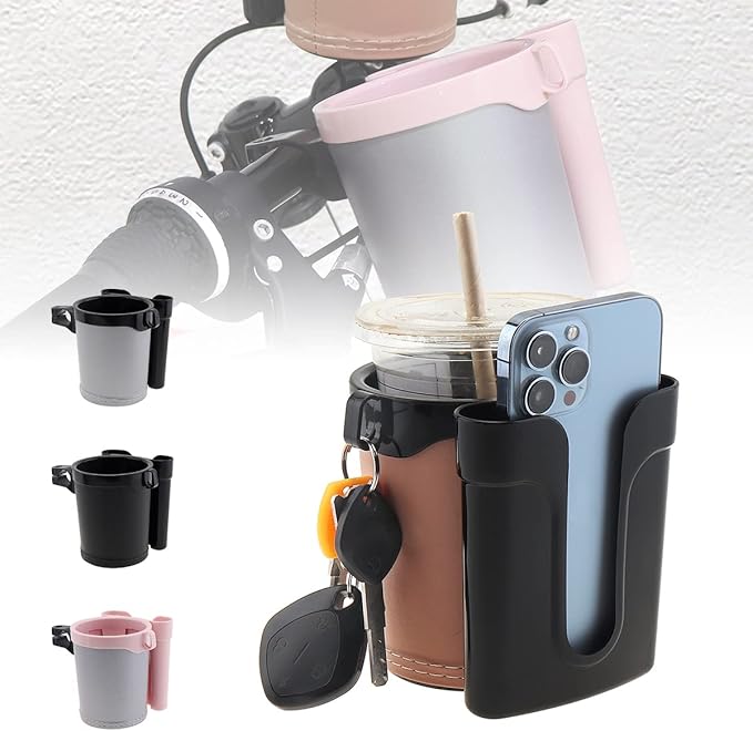 Tobefore Bike Cup Holder ABS+PU Leather with Phone Mount and Keys Hook，Adjustable Drink Holder for Bicycle Handlebar,Universal Coffee Cup Holder for Bicycle, Wheelchair, Scooter and Walker(Beige)