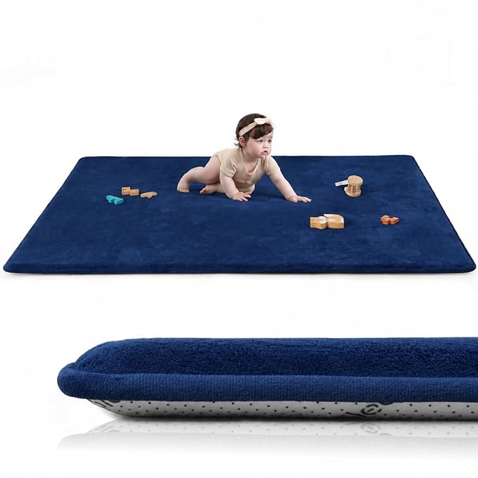 Baby Play Mat for Floor,1.3" Thick Memory Foam Tummy Time Mat,Soft Coral Velvet Nursery Rug,Extra Large Non Slip Crawling Mats for Living Room(Dark Blue)