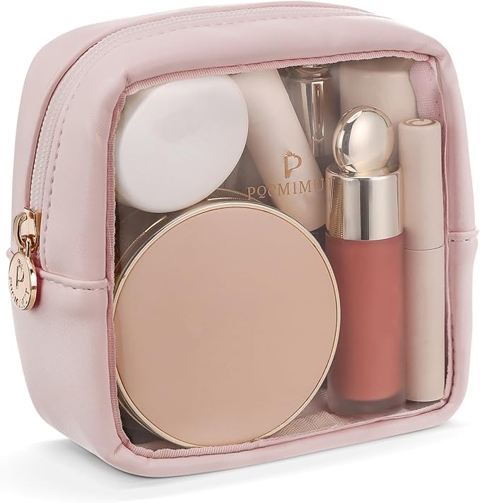Pocmimut Clear Makeup Bag, Easy to Find Mini Makeup Bag for Purse, Travel Makeup Bag for Car, Compact Cosmetic Pouch for Daily Essentials,Pink