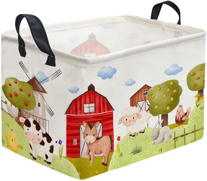 Sanjiaofen Rectangular Kids Baskets,Farm Baskets for Kids .Waterproof PE Coating Cute Basket with Handles.Boys Bins,Gifts Box,Books Basket. (Farm)