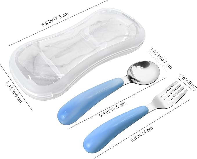 VANRA 2 Pieces Toddler Fork and Spoon Set with Travel Case 18/8 Stainless Steel Toddler Utensils Kids Silverware Children Flatware Child Cutlery Set for School Lunch Box (Blue)