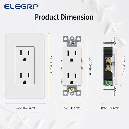 ELEGRP Matte White Standard Decorator Electrical Wall Receptacle Outlet, 15A 125V, 2 Pole 3 Wire, Non- Tamper Resistant, NEMA 5-15R, Self-Grounding, Wall Plate Included, UL Listed, 10 Pack