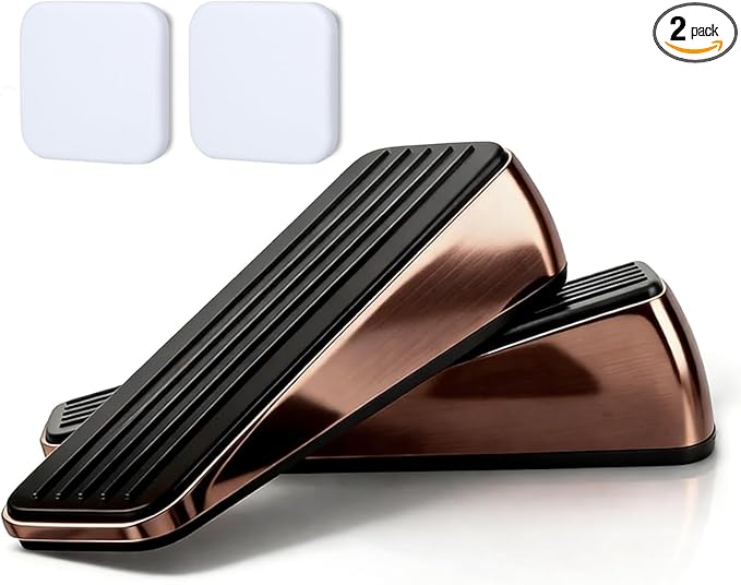 2 Pack Door Stoppers,Zinc Alloy Door Stop with Anti-Slip Rubber Base,Heavy Duty Door Wedge for Bottom of Door, Door Holder to Keep Open,Includes Silencer Pads,Red Bronze