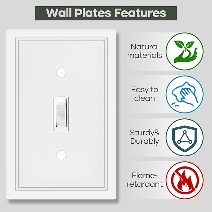 White Decorative Light Switch Cover Plate, Classic Single Toggle Switch Plate Covers, Natural Bamboo Fiber 1 Gang Wall Plates for Bathroom Kitchen- 4 Pack