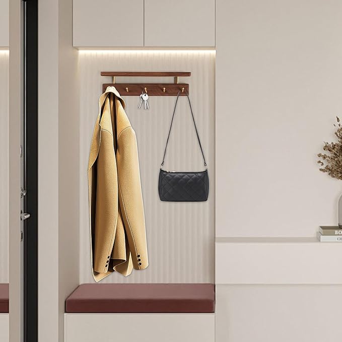 Mayhas Solid Wood Shelf with Hooks, 15 inch Coat Rack Wall Mount, Shelves with 5 Brass Hooks for Hanging in Entryway, Living Room, Bathroom, Bedroom, Kitchen(Walnut)