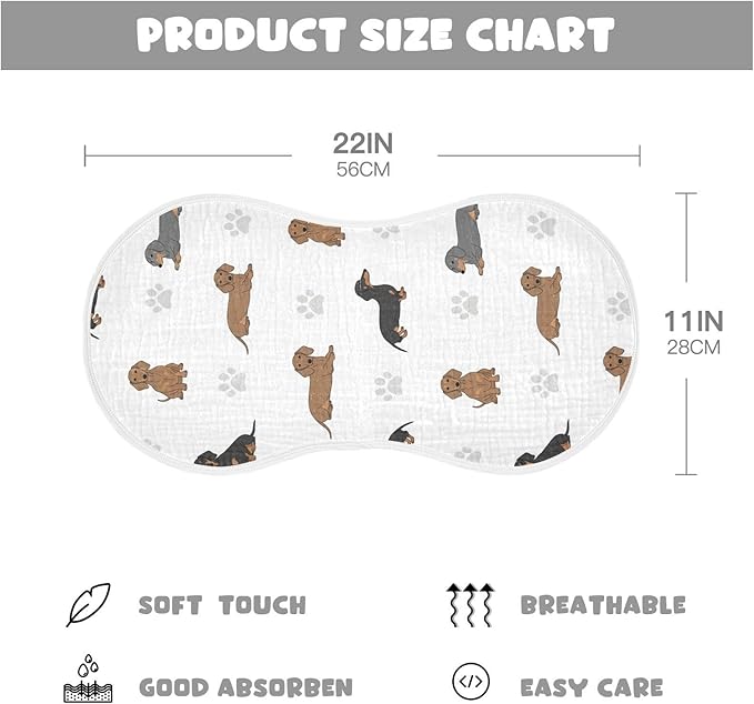 Qinllo 1 Pack Muslin Burp Cloths Dachshund Dogs Paw White Cotton Baby Burp Cloths Ultra Absorbent and Soft Thick Burping Cloth for Newborn Boys Girls 22x11 Inch
