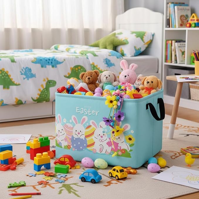 TIBAOLOVER Rectangular Easter Basket Easter Basket for Kids Baby Storage Basket Cute Toy Storage Bin Organizer Shelf Book Basket Easter Room Decor(Cartoon Easter Basket)