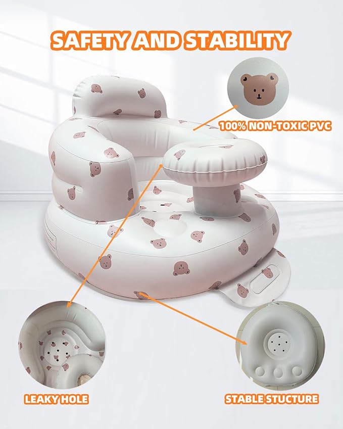 AGITVPS Upgrade Inflatable Baby Seat with Tray for Babies 3-36 Months, Built in Air Pump Bumbo Seat with Tray, Baby Chair Sit Me up Floor Seat for Baby, Learning to Sit&Feeding (Tray-Bear)
