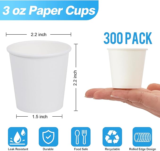 Huifany 300 Pack 3 oz Paper Cups, White Disposable Bathroom Cups,Small Mouthwash Paper Drinking Cup for Party,Picnic,Travel and Events