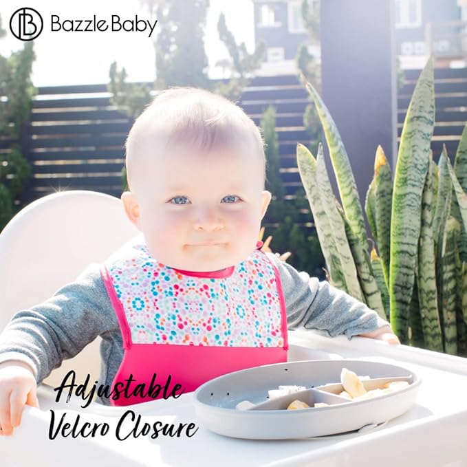 Bazzle Baby Silicone Bibs with Food Catcher - Rolls Up and Button closed for easy travel and storage Waterproof 2-Pk