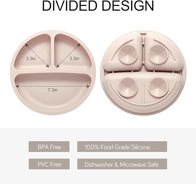 Eascrozn Toddler Plates, 3 Pack Divided Suction Plates for Baby, Food Grade Silicone Baby Plates, BPA Free, Non-slip, Baby Led Weaning Supplies, Microwave & Dishwasher Safe