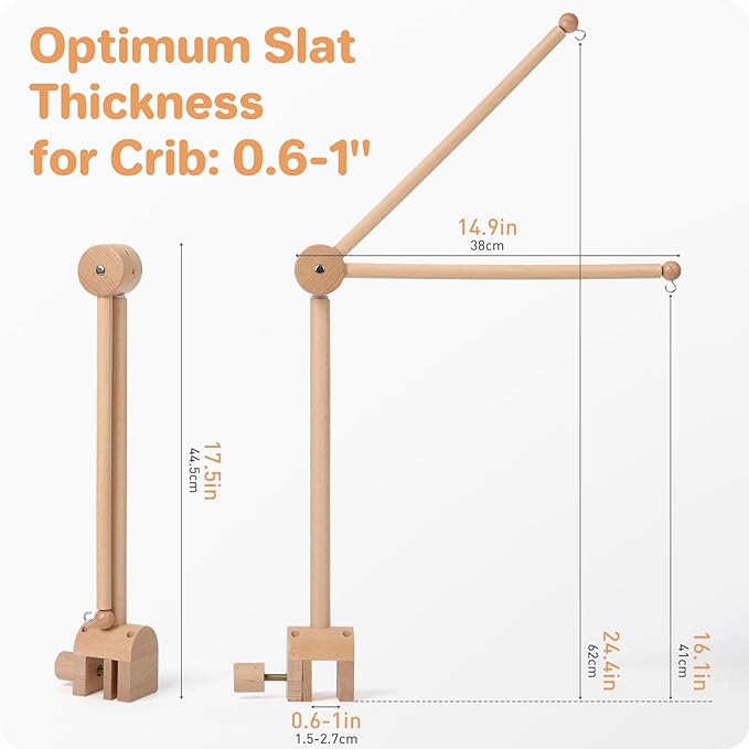Baby Crib Mobile Arm, Nicemer Wooden Mobile Arm for Crib, Optimum Slat Thickness for Crib 0.6-1'', 3D 360° Adjustable, Height Range 16.1-24.4'', Mobile Hanger for Crib Baby Boy Girl Nursery Decor