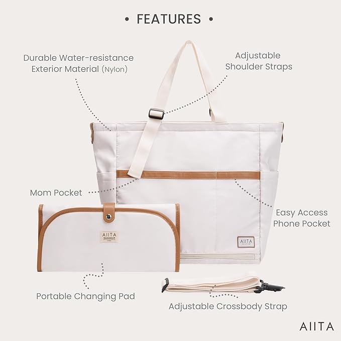 AIITA Diaper Bag Tote,Baby Diaper Bags,Convertible Diaper Bag Backpack,Crossbody Tote Bag for Women,Stylish Shoulder Bag with Changing Pad,Baby Registry, Work Tote,Travel Gym Bag,White