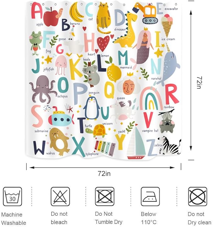 Kids ABC Shower Curtain Alphabet Educational Learning Tool Toddler Baby Cartoon Animals Girls Boys Colorful Bath Curtain Decor Waterproof Fabric 72Lx72W Inch with Hooks