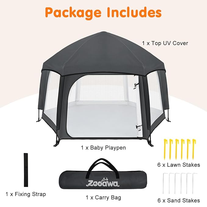 Zooawa Pop Up Playpen for Baby, Portable Playpen for Babies and Toddlers with Removable Sun-Shades& 2 Side UV Covers, Lightweight Outdoor Baby Play-Pen for Beach Home with Travel Bag, Black