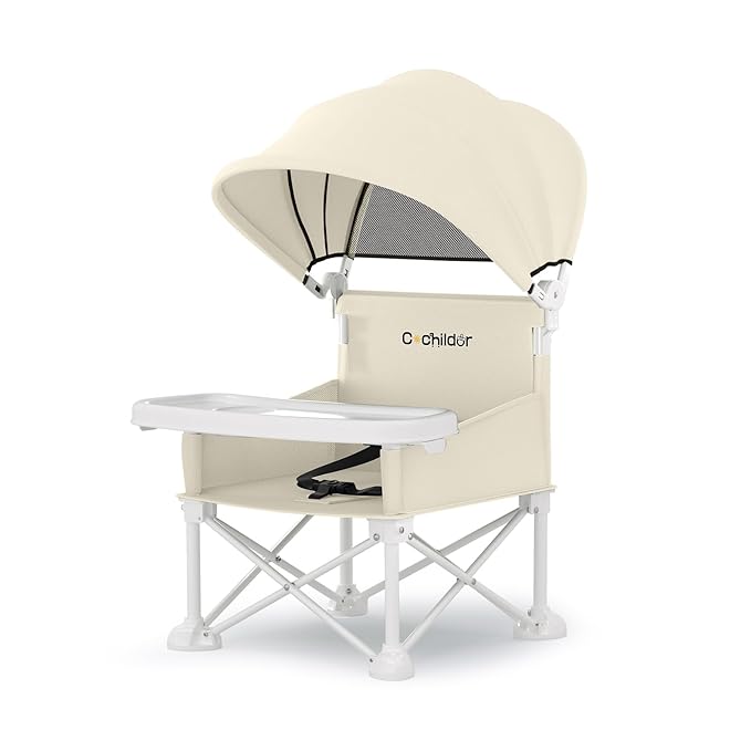 Cochildor 4-in-1 Portable Baby Chair, Foldable Toddler Booster Seat with Removable Tray, Canopy & Safety Harness, Beige