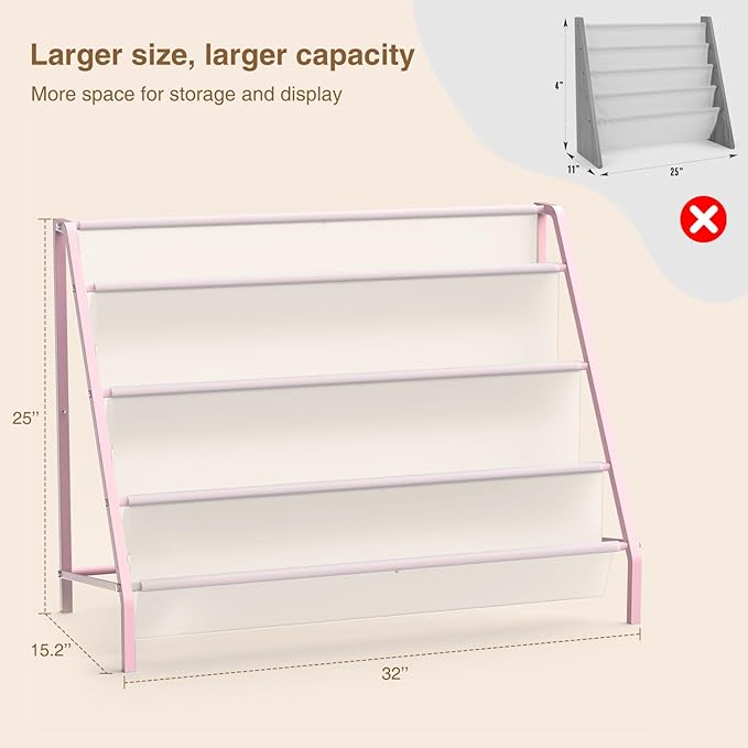 High-Transparent 4 Tier Kids Bookshelf, Sturdy Metal Large Size Book Rack Storage for Kid - Toddler Book Shelf Display for Nurasery, Playroom or Kids Room, Bookshelf Hold More Books - Pink
