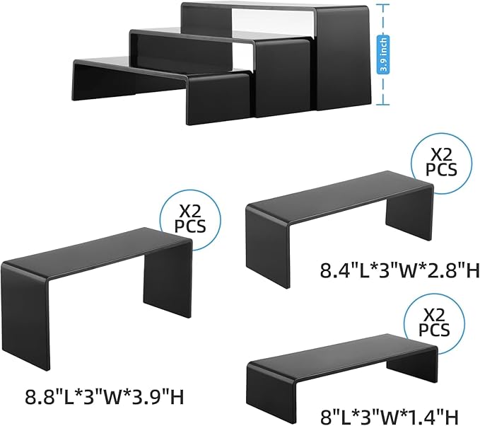 Goabroa Black Acrylic Display Risers, 3 Tiers 2 Set (6 Pcs) Acrylic Shelves Organizer Display Stand, Conutertop Desktop Stands for Decoration and Organizer