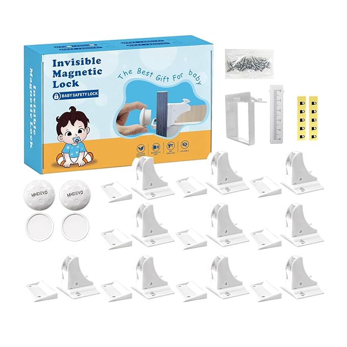 Premium Child Safety Locks – Adjustable, No-Drill & Easy-Install Home Safety Kit – Magnetic Cabinet & Drawer Locks (10-Pack) with 2 Keys (Magnetic Safety Locks)