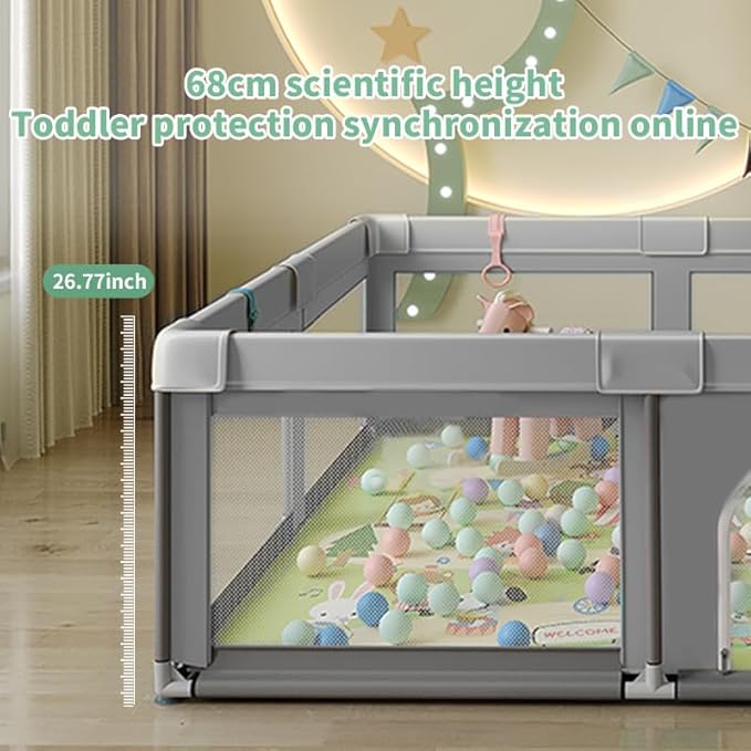 Large Baby Playpen,59" x 71" Baby Playard for Babies and Toddlers, babyFence Play Pens for Indoor & Outdoor, Sturdy Safety Play Yard with Soft Breathable Mesh, Anti-Fall (Grey)