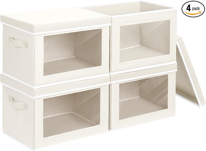 Homsorout Storage Bins with Lids, 4 Pack Large Storage Cubes with Window, Closet Bins with Lids & Handles, Fabric Box for Organizing Clothes, Towels, Books, Beige