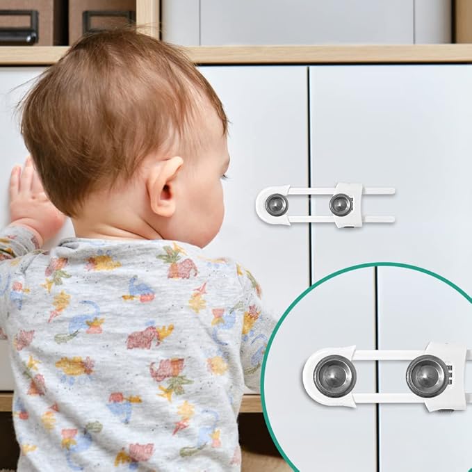 4 Packs U-Shaped Sliding Cabinet Locks, Baby Proofing Cabinets with Adjustable Child Safety Lock, Childproof Latches for Knobs, Handles on Kitchen Doors and Home Drawers Closet 1- White
