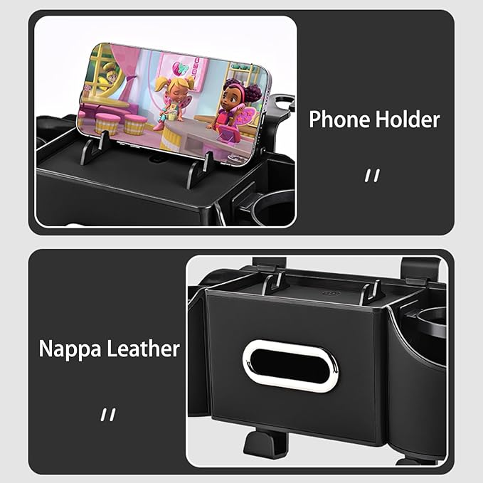 Back Seat Car Organizer,4 in 1 Multifunctional Car Back Seat Storage Box with Drink Cup Holder Tissue Box, for Hold Phone,Snacks, Drinks, Handbag-Black-2Packs