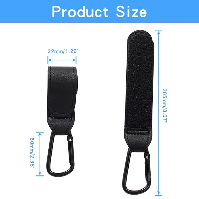 2 Pcs Stroller Hooks for Diaper Bag - Durable Leather Stroller Straps Diaper Bag Hooks - Stroller Clips for Stroller Wheelchair Shopping Carts - Black