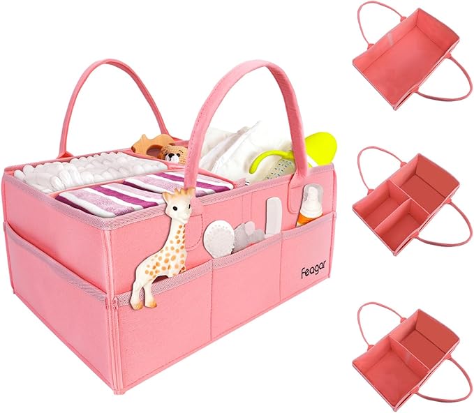 Feagar Baby Diaper Caddy Organizer, 15 Inch Large with 8 Pockets & 2 Dividers, Portable Nursery Storage Basket & Car Organizer for Changing Table, Travel (Pink)