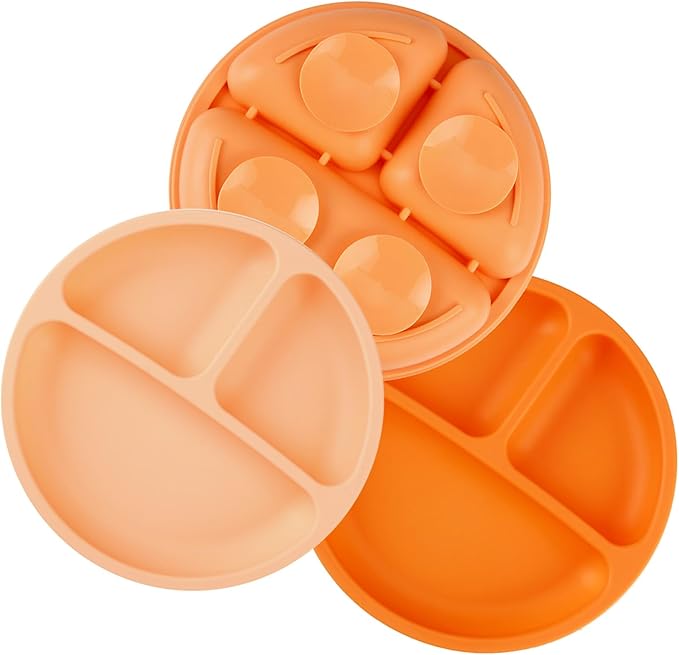 PandaEar 3 Pack Toddler Plates, Silicone Divided Suction Plate for Babies, BPA-Free 100% Food-Grade Silicone Unbreakable Baby Plate (Orange)