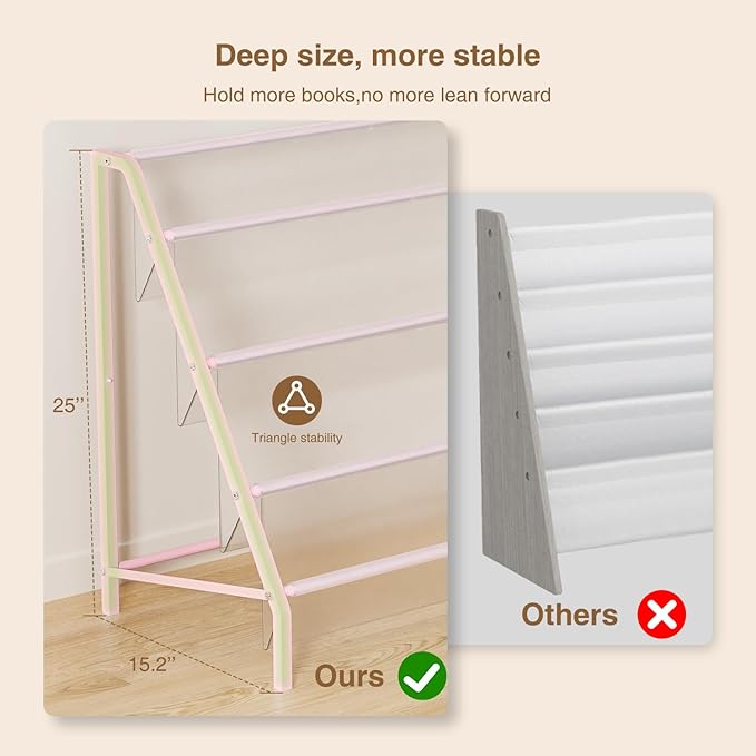 High-Transparent 4 Tier Kids Bookshelf, Sturdy Metal Large Size Book Rack Storage for Kid - Toddler Book Shelf Display for Nurasery, Playroom or Kids Room, Bookshelf Hold More Books - Pink