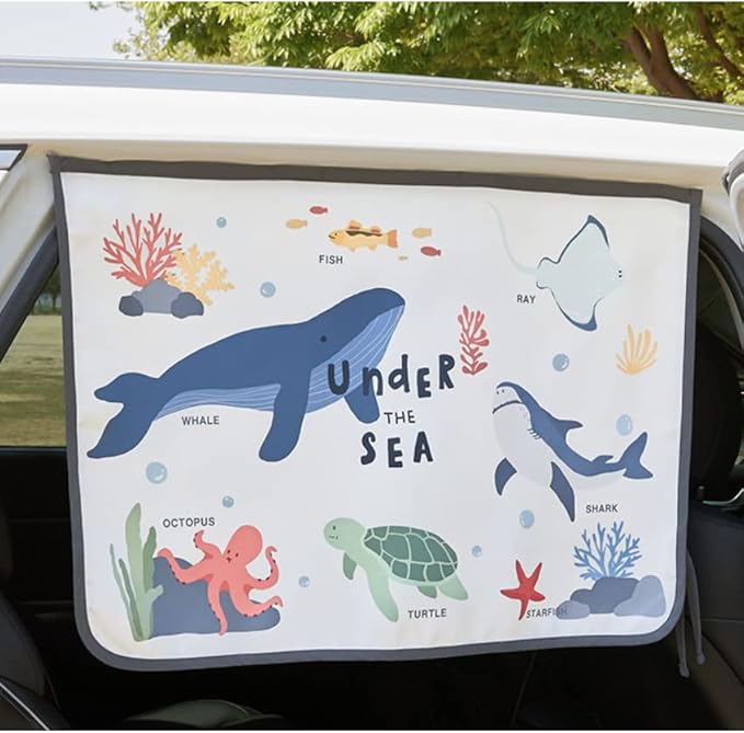 BEBEDECO Magnetic Car Sun Shade Curtain for Side Window – Sun Blocker and UV Protector for Baby, Kids, and Pets – Universal Fit with Built-in Magnets for Steel-Framed Door (Sea Friends)