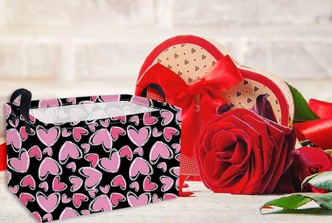 Essme Rectangular Valentine's Day Baskets Cute Storage Box,Heart Storage Bins Organizer with Handles for Kids Room Decor,Gift Basket,Shelf Basket,(Black line heart)