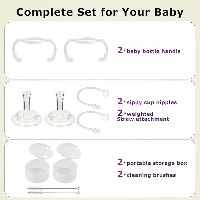 Straw Cup Conversion Kit for Dr Browns Narrow and Narrow Glass Baby Bottles, Weighted Straw Replacement Kit with Soft Straw Top and Handle,6m+,Set of 2