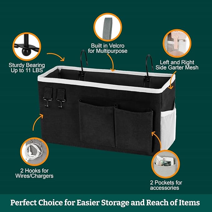 Bedside Caddy Organizer Hanging Storage Bag with Pockets for Books, Magazines, Phone, Tablet & Water Bottle – Bedside Storage for Dorm, Bunk Beds, Hospital Beds & Cribs, Black