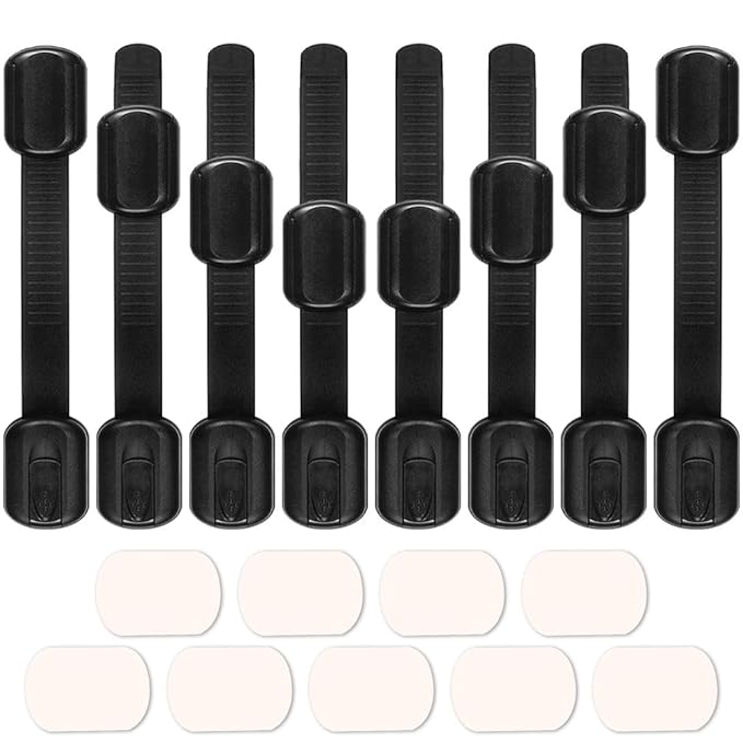 8 Pack Black Child Safety Cabinet Locks - Viaky Adjustable Straps Baby Proof Latches for Drawers, Oven, Refrigerator, Toilet Seat, Closet and Cupboard, Come with 9 Extra Strong Adhesive Pads
