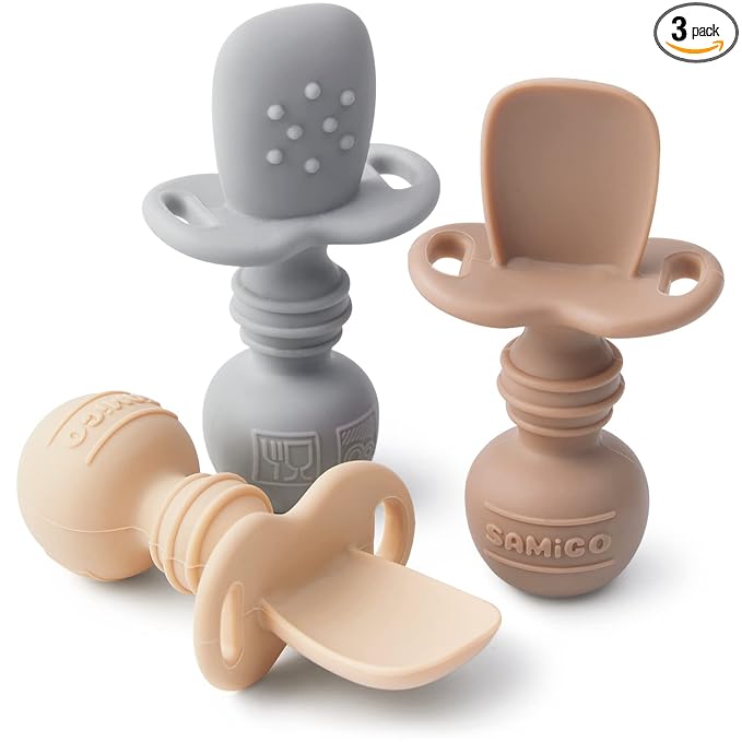 SAMiGO Silicone Baby Spoons Self Feeding 6+ Months - Infant Toddler Utensils - First Stage Baby Led Weaning Feeding Supplies - Set of 3 Pack