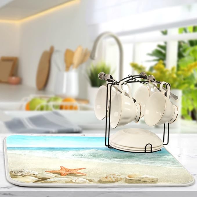 Summer Beach Dish Drying Mat 18 x 24 Inch Sea Wave Shells Starfish Drying Mat with High Absorbent Reversible Microfiber Kitchen Mat Dish Rack Pad Dish Drainer Mat for Kitchen Counter Coffee Bar