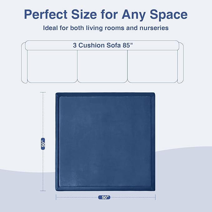 Baby Play Mat for Floor,1.3" Thick 50x50 Playpen Mat,Tummy Time Foam Mats,Plush Soft Padded Playmate for Babies 6-12 Months Crawling,Non-Slip Nursery Rug for Toddler Kids Playroom(Navy Blue)