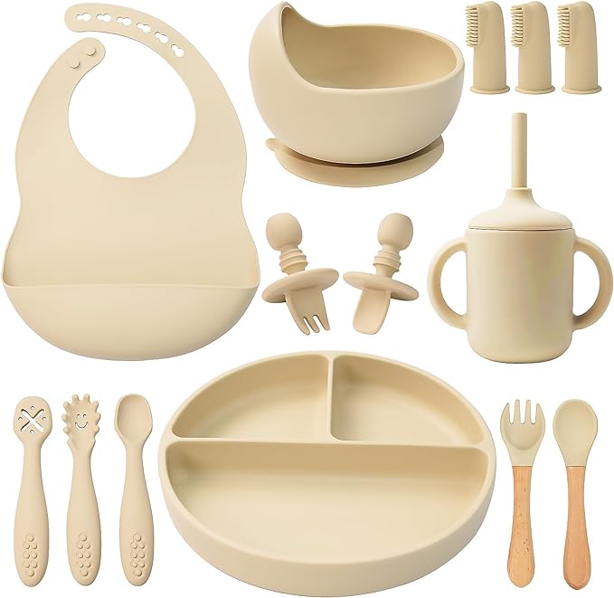 LITTLE RAWR Silicone Baby Feeding Set 14 Pcs,Baby Led Weaning Supplies, Baby Spoons Suction Bowl Divided Plate Bib Cup Finger Brush,First Stage Solid Food Eating Utensils - 6+ Months(Beige)