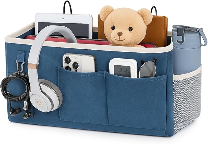 Bedside Caddy Organizer Hanging Storage Bag with Pockets for Books, Magazines, Phone, Tablet & Water Bottle – Bedside Storage for Dorm, Bunk Beds, Hospital Beds & Cribs,Blue