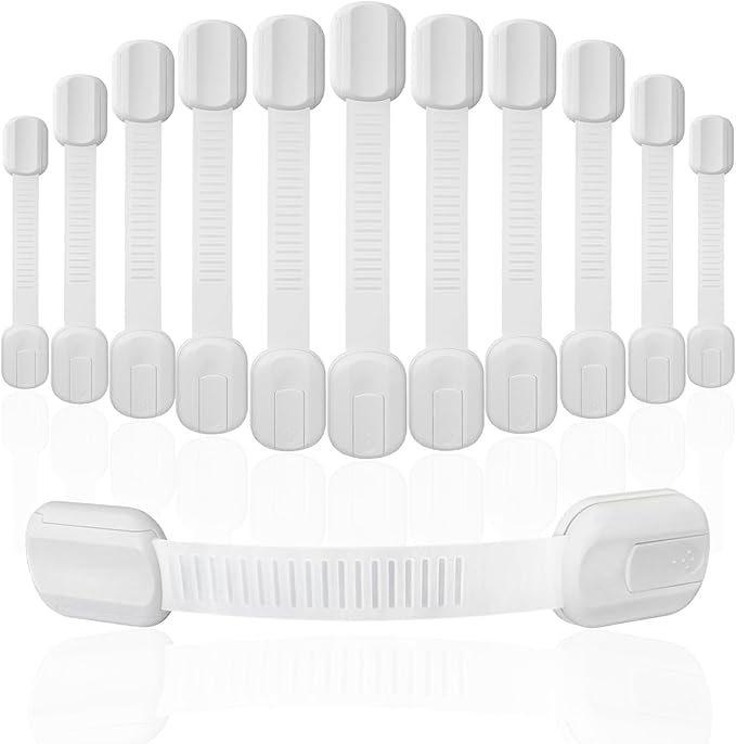 Baby Proofing Straps Locks, (12 pack) Child Safety Locks for Cabinet, Drawers, Fridge, Dishwasher, Cupboard, Toilet Seat, Oven, Trash Can, The Fastest and Easiest Install of Childproof Lock