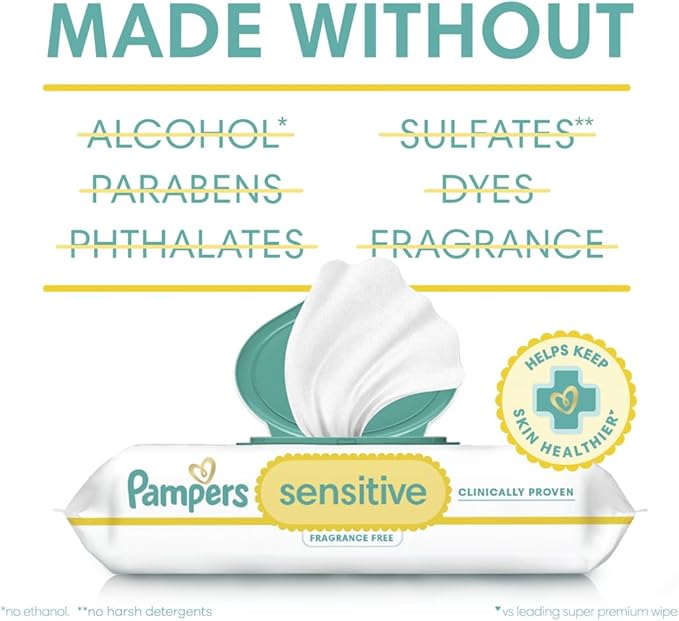 Pampers Sensitive Baby Wipes, Water Based, Clinically Proven, Hypoallergenic, and Unscented for Babies, 1008 Wipes Total (12 Flip-Top Packs) [Packaging May Vary]