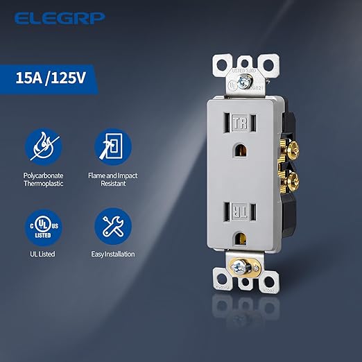 ELEGRP Matte Gray Decorator Electrical Wall Receptacle Outlet, TR Tamper Resistant Outlet, 15A 125V, 2 Pole 3 Wire, NEMA 5-15R, Self-Grounding, UL Listed, 5 Pack