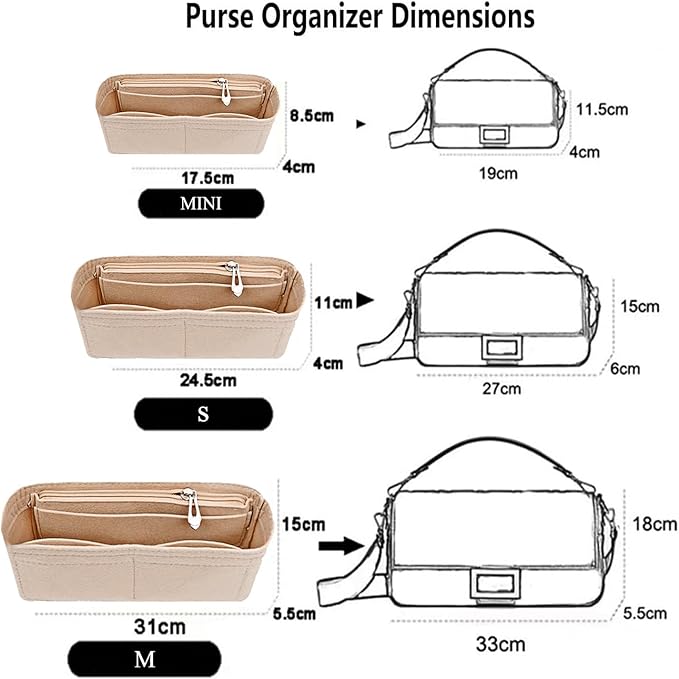 Chispee Zipper Softened Felt Purse Organizer Insert for Baguette, Tote, Longchamp Handbags Lightweight Bag Organizer with Multiple Pockets (Medium,Beige)